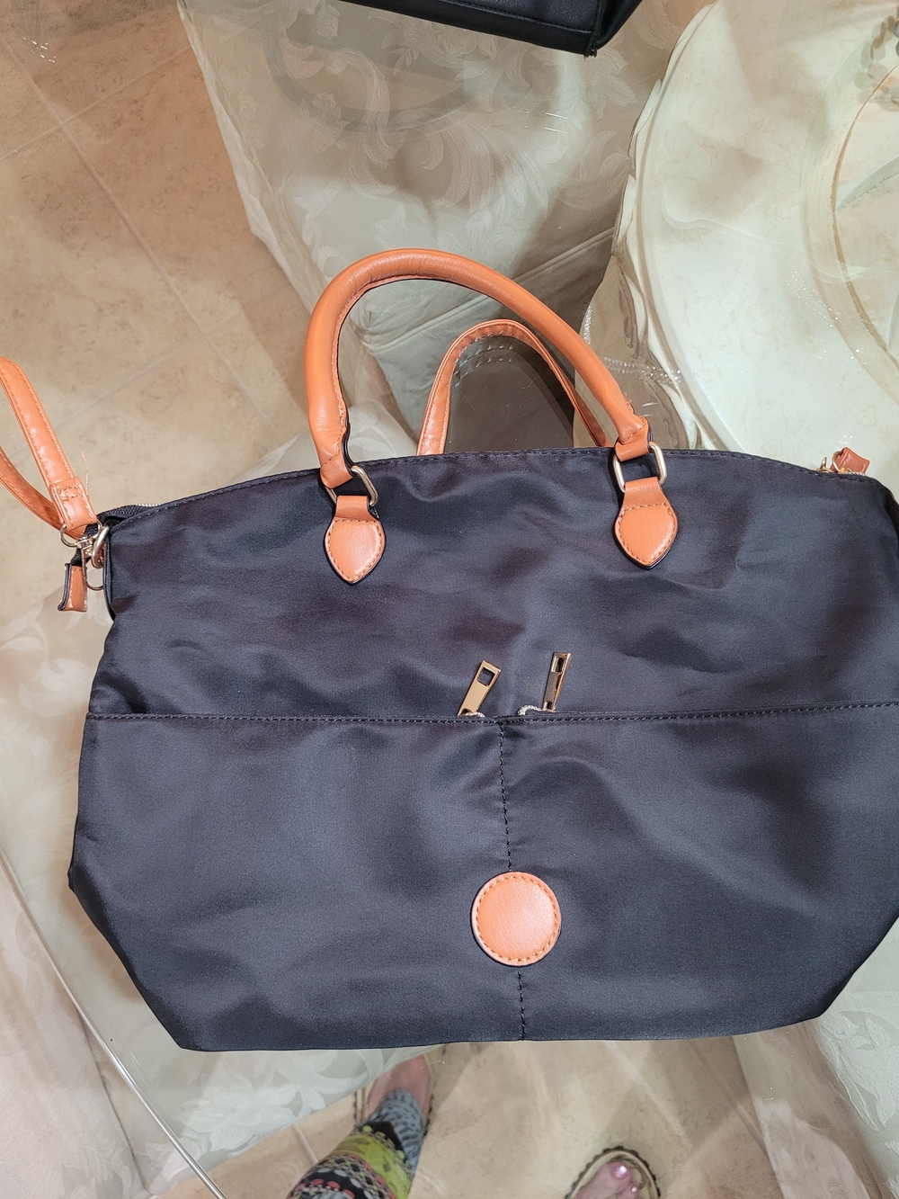 Classic Black Tote Bag with Tan Trim